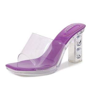 YUCHEN  3.15 inches Womens Transparent PVC High Heel Sandals - Glittering Crystal Embellished Square Heels Sleek Streamlined Design with Anti-Slip Soles Minimalist Black & White Color - Fashion Commuter Shoes for Office & Summer Outin High Heeled Shoes