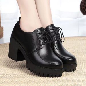Free Shipping MomS New Spring And Autumn Collection: Soft Leather WomenS Shoes Black Waterproof Platform High Heels Thick-Soled WomenS Lace-Up Loafers