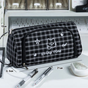 Plaid pencil case Portable pencil box Student stationery kotak pensil Large capacity Multifunctional Kitten embroidery
