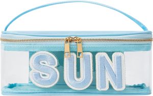 RSRSLEII Clear Waterproof Summer SPF Makeup Bag,Aesthetic Transparent Letter Patch Cosmetic Bag with Metal Zipper Preppy Sunscreen Accessories Storage Organization Beach Travel Purse(01SPF Pink)