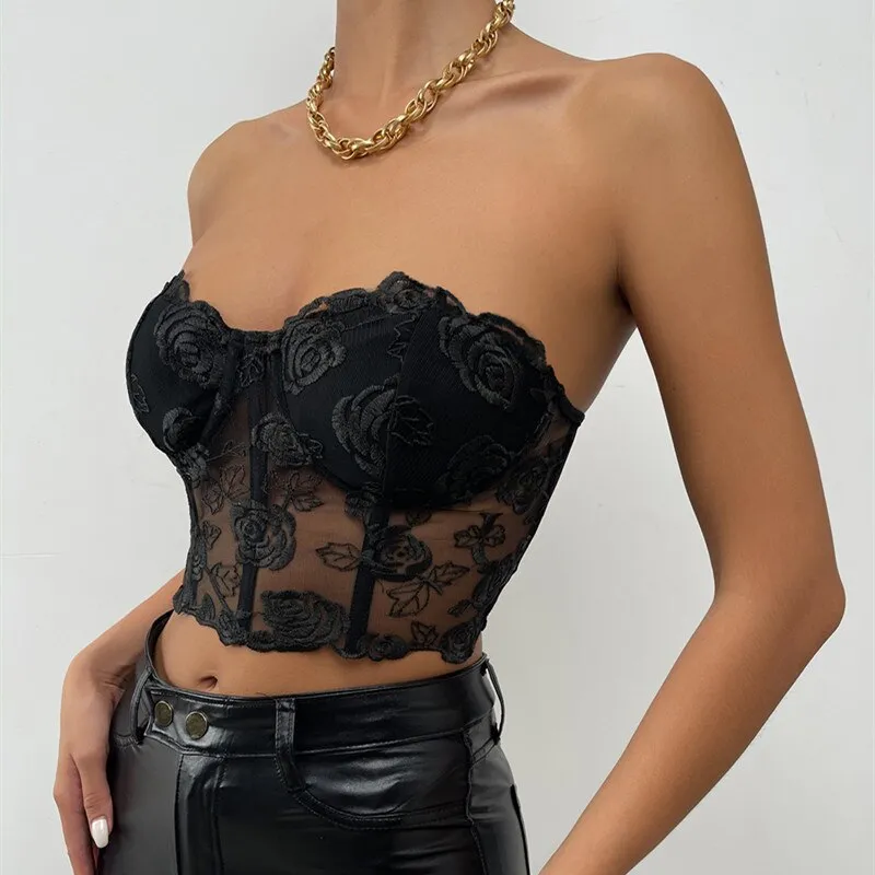 Women's Goth Corset Tops Sexy Bandeau Bustier Lingerie Chain Lace