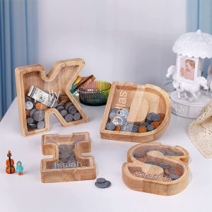 DIY 26 Letters Wooden English Alphabet Piggy Bank Cute Money Saving Boxes Coin Piggy Bank Transparent Glass for Kids Children