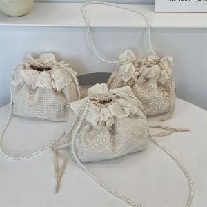 N814L Printing Drawstring Lace Flower Bag Pearls Chain Korean Style Bundle Pocket Lightweight Storage Pouch Bundle Bucket Handbag Women