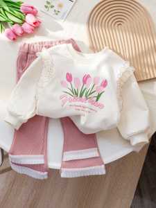 Setelan Anak Perempuan Import Sweater Tulip Flower Renda Kulot Knit Lengan Panjang Karet Kekinian