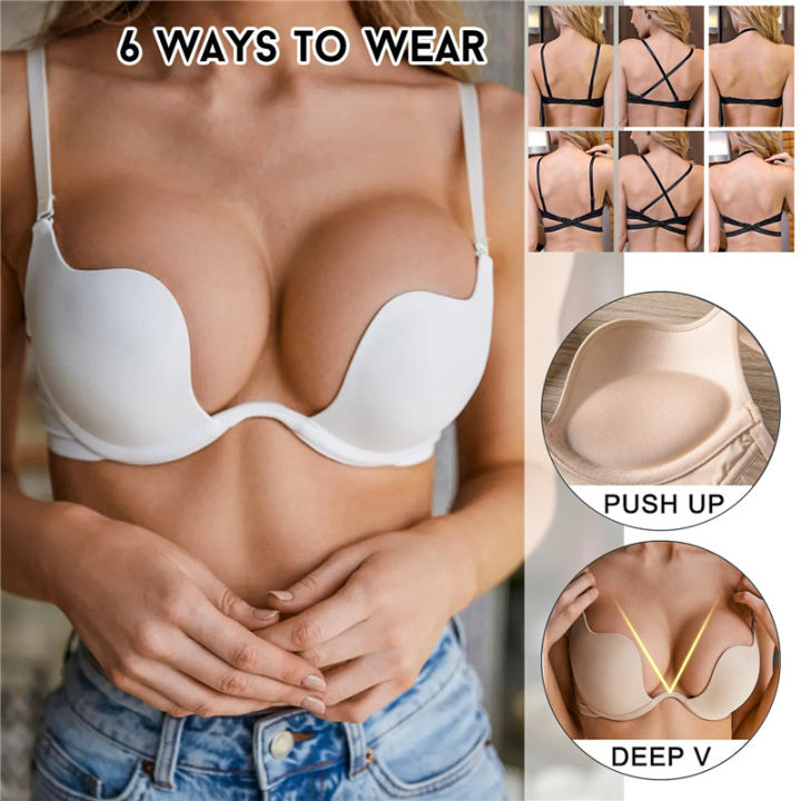 Women Sexy Push Up Bra Low Cut Deep U Plunge Bras Cross Halter Neck  Seamless Underwire Invisible Multiway Invisible Straps Backless Longline  Bras