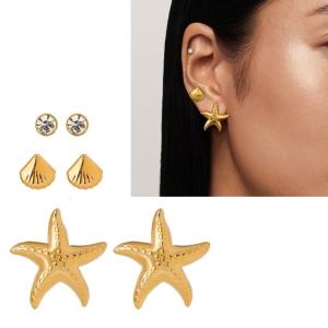 3 Pair Starfish Shell Earrings Set Fashionable Stackable Ear Studs Ocean Inspired Accessories for Women