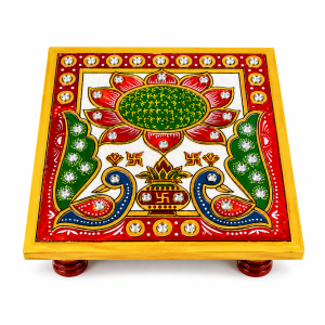 Marble Pooja Chowki 4x4 Inch | Printed Manai with Wooden Legs for Diya Idols & Decor – 1 Pc