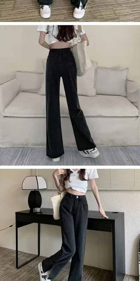 Black gray split straight leg jeans for girls women Korean style high waist  loose Straight leg pants