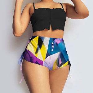 ELF TRIBE Phụ Nữ Của Homewear in có nút áo ba lỗ bộ quần đùi Có Thể được bị mòn Tie Stretch Phụ Nữ Đồ Ngủ