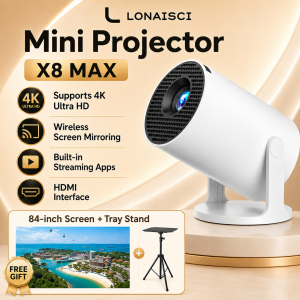 LONAI SCI Mini Projector X8 MAX 4K Ultra HD Wireless Screen Mirroring Built-in Streaming Apps HDMI Interface 84 Inch Projection