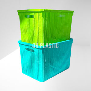 Uniglobal Large Plastic Storage Box Rattan Laundry Basket with Cover Filling Knitted Organizer Space Savers