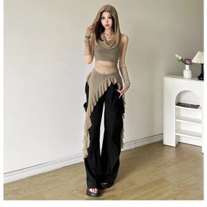 Off Shoulders T-shirt Ribbons Ruffles Long Sleeves Mesh Shaped Waist Irregular Shape Casual Sweet Ko