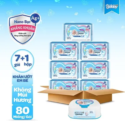 [25-29.08 QUÀ TO][Tặng 1 hộp tiện lợi] Bộ 7 gói khăn giấy ướt trẻ em Bobby Care gói Bổ sung không mùi - 80 miếng