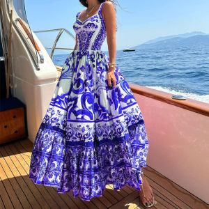 Spot Goods 2024 Spring and Summer New Cross-Border Womens Fashion Elegant Big Hem Mid-Length Printing Slip Dress ㏇L0514