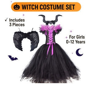 Children Girls Maleficent Witch Costume Set – Long Tulle Dress + Wings + Headband | Halloween Cosplay Outfit for Kids (0-12 Years)