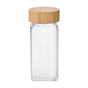 LINSBAYWU Square Spice Jars Transparent Glass Spice Bottle 4oz with Bamboo wood lid Seasoning Jar for Spice Rack