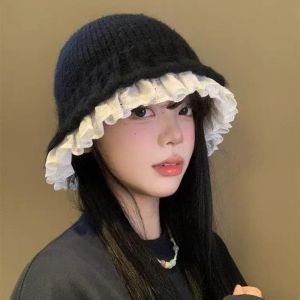 SWEET TIM ผ้าสีพื้น หมวกชาวประมงถัก ไหม ขอบลูกไม้ หมวกบีนนี่ แฟชั่น แบบเกาหลี หมวกบักเก็ตผู้หญิง ผู้หญิง