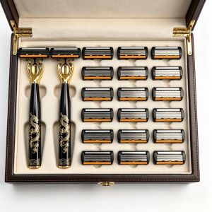 Dao cạo tay lưỡi 6 tầng tay cầm họa tiết rồng vàng đen dao 6 lưỡi kèm giá đỡ