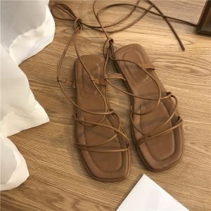Free Shipping 35-43 Large Size WomenS Sandals Flat-Soled With Ankle Straps Casual Korean Style Square-Toe Beach Shoes
