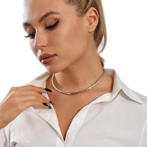 NEXTYOO Silver Collar Necklace Minimalist Waterproof Round Collar Neck Ring Punk Metal Round Necklace For Women Men