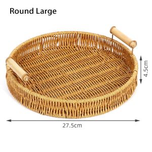 YUNAFIN 1Pcs Fruit Vegetable Cake Wicker Handwoven Rattan Basket Round Shape Breakfast Bread Food Storage Tray  With Handle Plastic Rattan Threads Basket