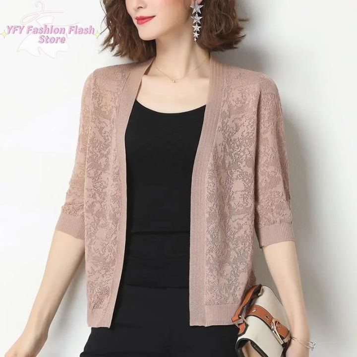 Ice Silk Knitted Cardigan Women's New Style Hollowed Out Loose Middle  Sleeve Short Thin Jacket Top Lazada PH