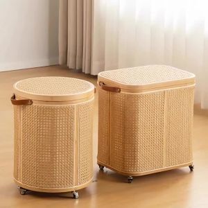 Sacesr Simple Rattan Laundry Baskets Multi-function Movable Laundry Baskets Household Plush Toy Storage Bucket Portable Home Storage X2Z8B