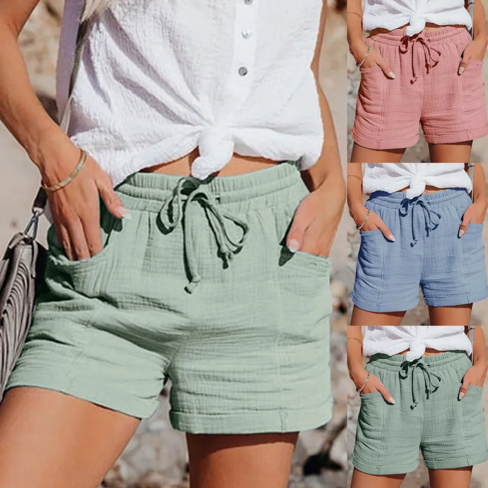 FAKKDUK Summer Shorts for Women 2023 Trendy High Waist Drawstring Shorts  with Pockets Casual Loose Fit Lounge Trousers Womens Cotton Linen Shorts  Ladies Shorts , M&Khaki - Walmart.com