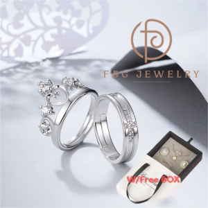Truelove💎Jewelry 2pcs 925 Silver Couple Ring Crystal Diamond Couple Wedding Adjustable Rings W/Free box