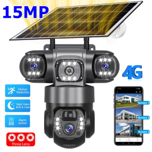 3 ống kính 4G năng lượng mặt trời Máy Ảnh HD 15MP 6K ngoài trời cctv không thấm nước nhìn trong đêm hai chiều V380 Camera theo dõi di động IP Camera