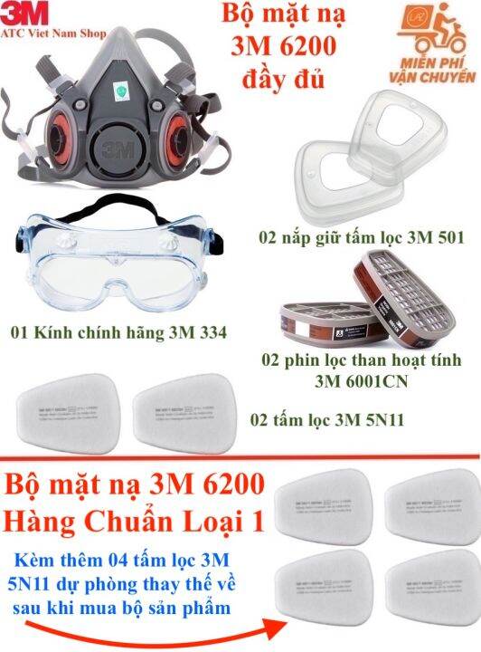 Combo 1 Mặt Nạ Lọc 3M 6200 sử dụng 2 Phin Lọc 6001CN Và 01 Kính 334 (Or SF201AF) chống bụi PM2.5, bụi bả, Phòng Độc, Chống Khói, Chống Virus, Phun sâu, Thoát Hiểm, Đám Cháy Gia Đình, Toà Nhà Chung cư, Karaoke ( Tặng Kèm 4 Tấm Lọc Bụi 5N11)