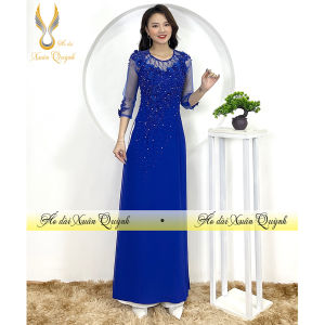 Áo Dài Dạ Hội Đính Kết Pha Lê Ngọc Trai Cao Cấp M03 Xanh Cô Ban - Áo Dài Xuân Quỳnh