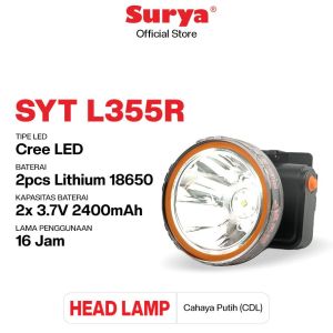 Surya Senter Cas Kepala Super Terang / Headlamp Outdoor LED Waterproof - SYH L355R - BONUS Kabel Cas