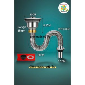 Bầu xả 140mm + Ống dẫn xả chén INOX tán vặn Thau ren 45mm dài 80cm - ống dẫn chống chuột cắn hóa chất ăn mòn cho bầu xả chén INOX
