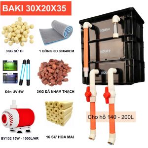 Bộ Lọc Baki 3 Tầng Hồ Koi 600-800L Khoan Sẵn Có Nắp Đậy + Bơm Baoyu 50W UV 9W Full Vật Liệu Lọc A