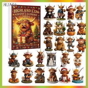 RUASA Highland Cow Advent Calendar 2025 Box 24 Pcs Highland Cow Figurines Hanging Ornaments For Christmas Tree Home Decoration