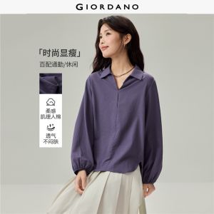 Giordano Beau Monde Women Skipper collar curved hem long sleeve shirt Free Shipping 13346622