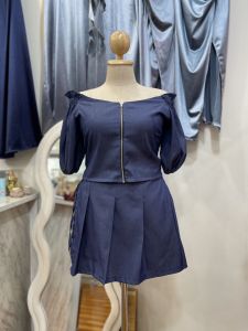 ML1063 ชุดเซต2ชิ้น #สาวอวบ ผ้ายีนส์ ทรงเสื้อน่ารัก เสื้อเปิดไหล่ กางเกงกระโปรงป้าย