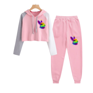 Joy Baju Setelan Remaja Sweater Crop Hody Kombinasi Tangan Dan Celana Joger Babyterry Motif Kelinci Abstrak