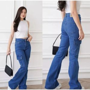 Celana Jeans Wanita - Highwaist Cutbray Cargo Terbaru - Celana Wanita Kekinian ootd