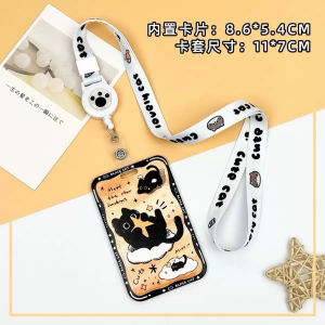 【𝗥𝗲𝗮𝗱𝘆 𝗦𝘁𝗼𝗰𝗸】Cute Black Cat Retractable Card Holder Portable School Office ID Badge Holder Telescopic Lanyard Card