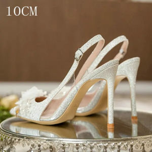 2026 New White Wedding Shoes Pointed Head Shallow Mouth Flowers High Heels Summer Fashion Women Sandals