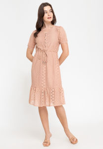 Krizia Puff Sleeve Flounce Hem Drawstring Lace Midi Dress