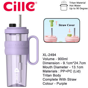 Cille 850ml/900ml Handheld Mug Design With Straw Leakproof Tritan BPA-Free Water Bottle