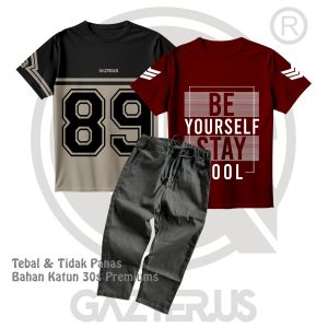 Paket 3 Pcs Setelan Kaos Distro Kombinasi & Celana Chino Panjang Anak Laki-Laki Perempuan Bahan Katun 30s Premium