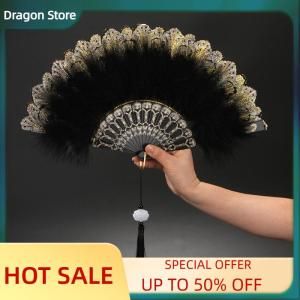Dragon Lolita Feather Folding Fan Japanese Sweet Fairy Girl Dark Gothic Court Dance Hand Fan with Pendant Gift Wedding Party Decoration