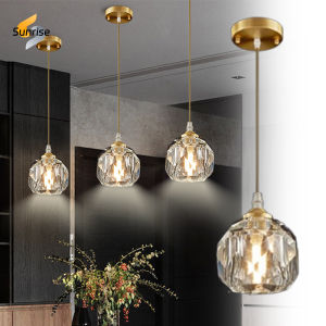 Drop Light Ceiling Full Copper Crystal Chandelier Height Adjustable Modern Minimalist Style Pendant Light for Dining Living Room Bedroom Corrido Study Office Kitchen Island Suspension Light(Free Bulb)