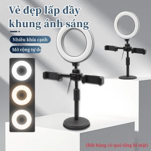 Đèn Livestream Để Bàn Tích Hợp 2 Kẹp Điện Thoại Gậy Selfie Hỗ trợ ánh sáng quay video tiktok