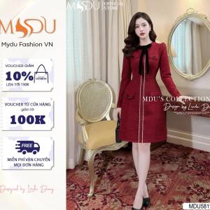 Váy Thiết Kế MDU5811 Dạ Tweed Kim Sa Cao Cấp Gam Đỏ Đô Sang Trọng Phối Nơ Nhung Cổ Điển Tinh Tế Từ MDU