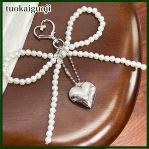 tuokaiguoji Temperament Sweet Bowknot Heart Pendant Keychain Fashion Beaded Phone Charm Bow Phone Lanyard Bag Decoration Accessories Gifts